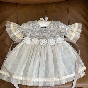 Gray and Cream Baby Dress with Floral Accents